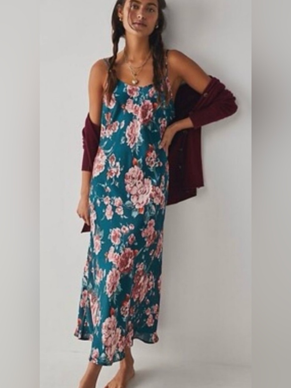 Free People Easy to Love Teal and Pink Floral Midi Slip Dress Size S